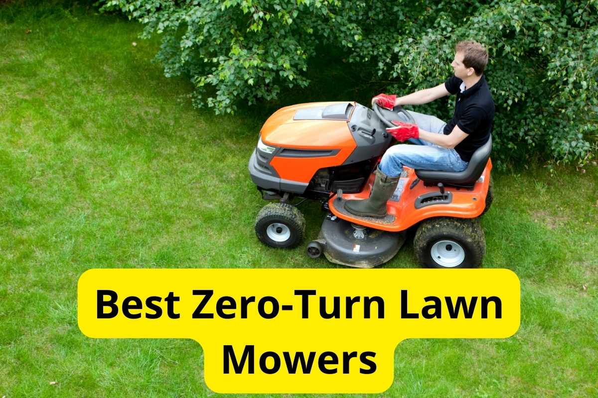 Zero-Turn Lawn Mower in a lawn with text overlay on it