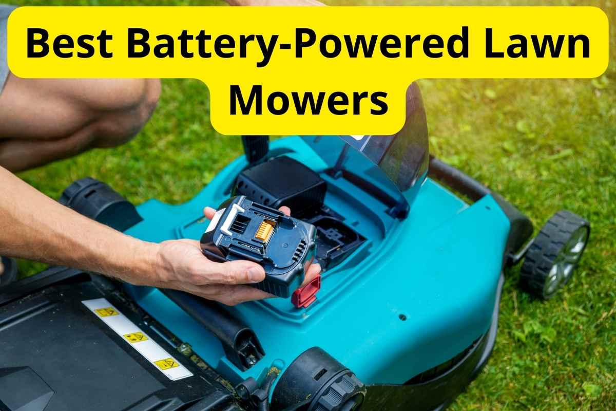 man putting battery in lawn mower with text overlay on it