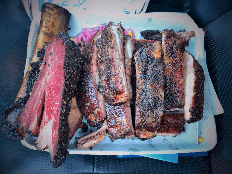 A pile of BBQ ribs smoked at barbecue vendors from across Los Angeles
