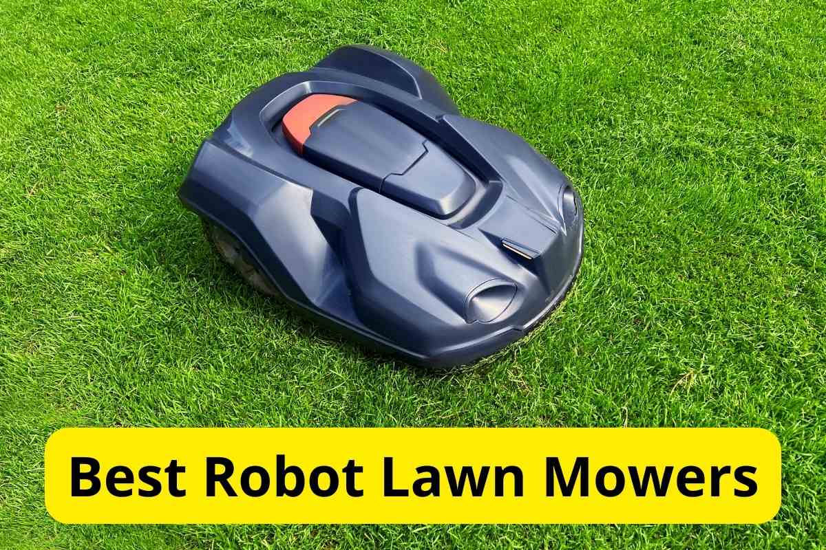 modern robot lawn mowers in a lawn with text overlay on it