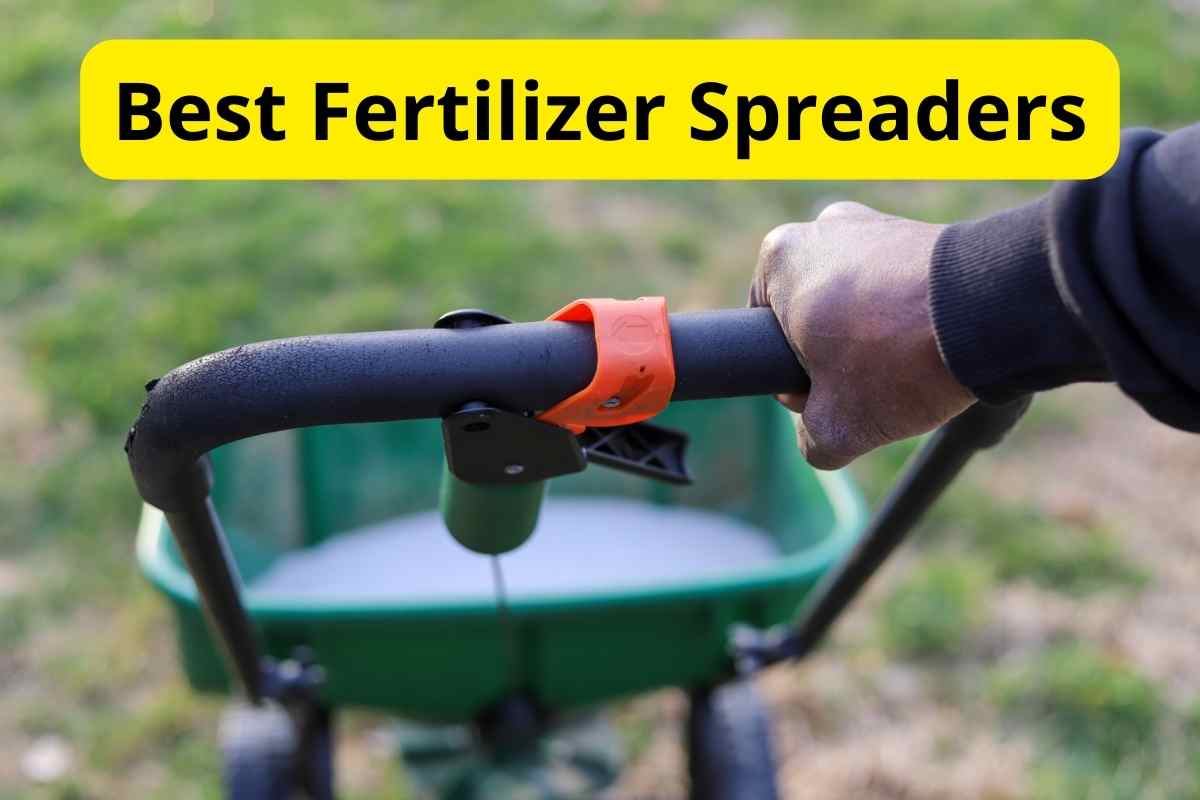 person holding a Fertilizer Spreader with text overlay on it