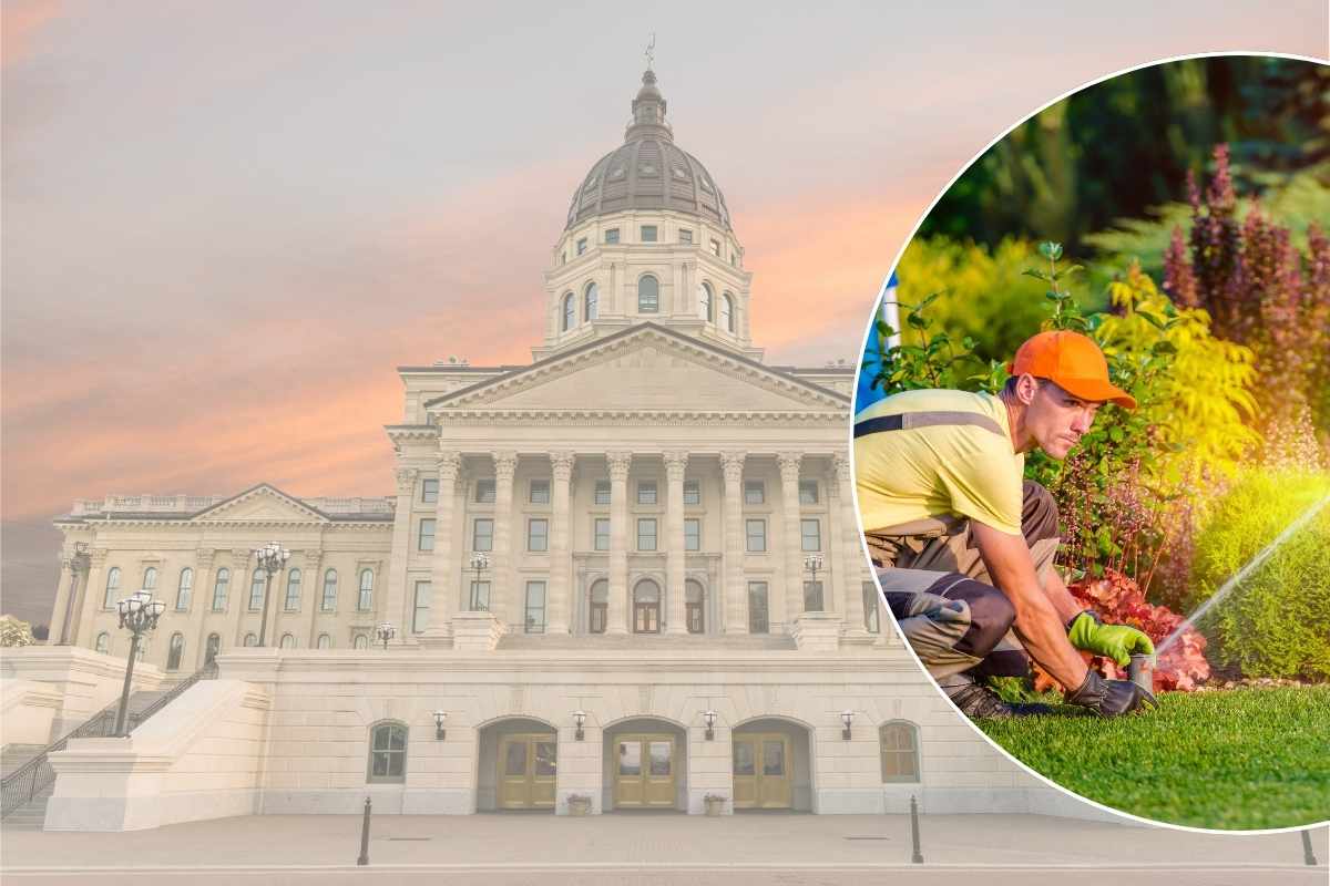 gardener watering lawn over an image of kansas state capital building