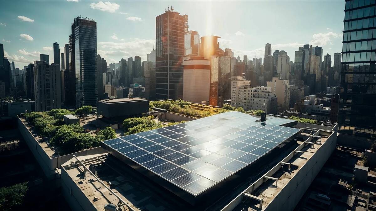 A solar panel on the green roof of a skyscraper in the middle of a busy city