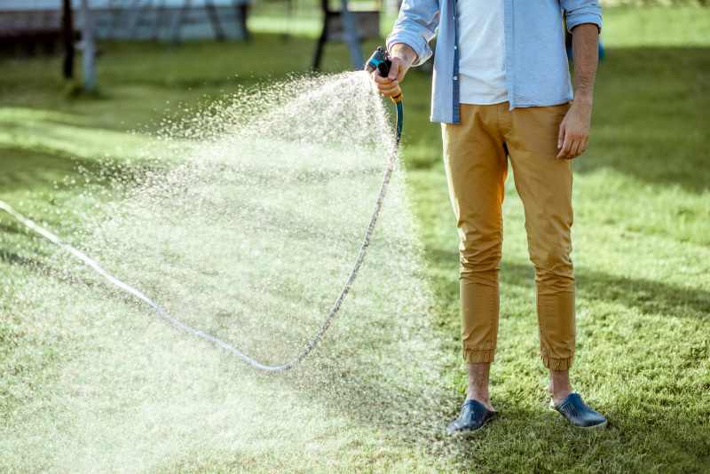 Man watering green lawn with a hose