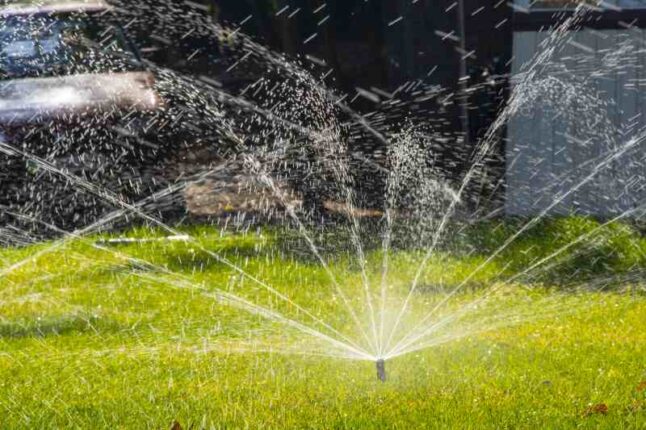 Lawn sprinkler spraying water over lawn green fresh grass in the garden or backyard on a hot summer day. The concept of automatic watering equipment, lawn care, gardening and tools