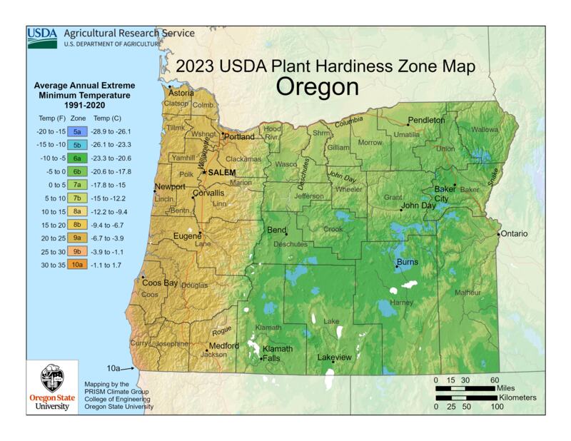 a map of Oregon's USDA plant hardiness zones