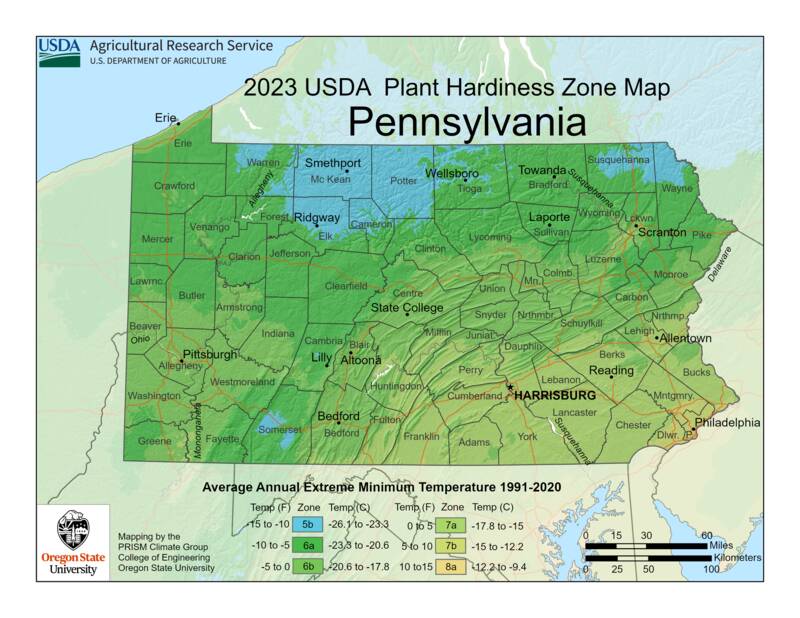 map of Pennsylvania's hardiness zone
