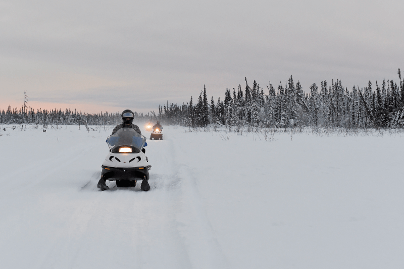 People snowmobile through the woods in Yukon-Koyukuk Census Area, Alaska