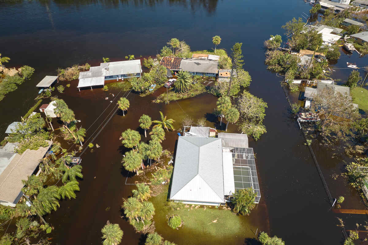Hurricane Ian flooded houses in Florida residential area.