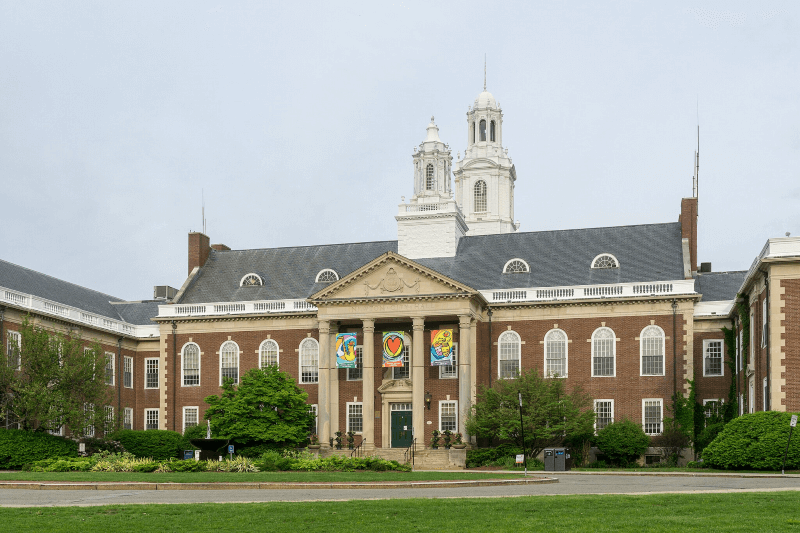 A stately brick building stands as the city hall for Newton, Massachusetts