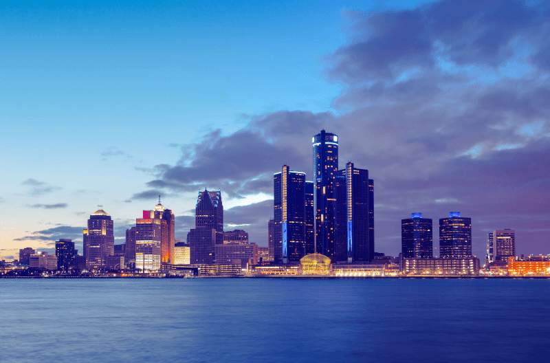 A view of the Detroit skyline at night