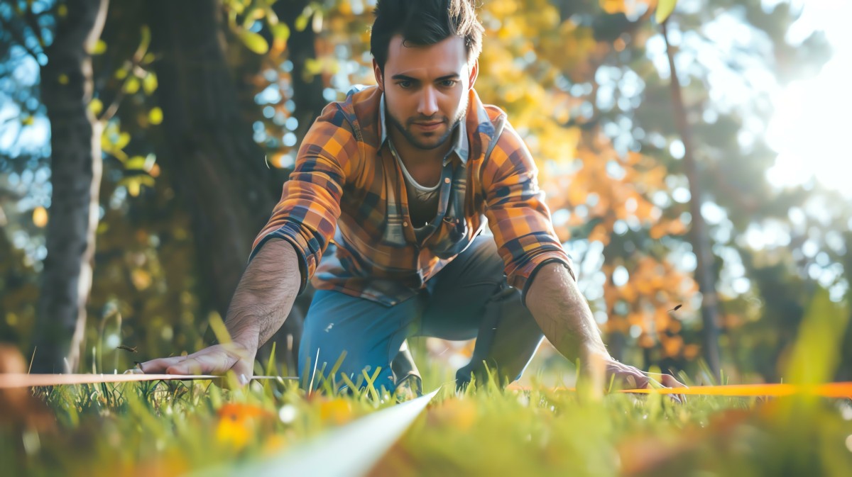 A young man in a plaid shirt is kneeling on the grass and measuring it with a tape measure. He is looking at the tape measure.