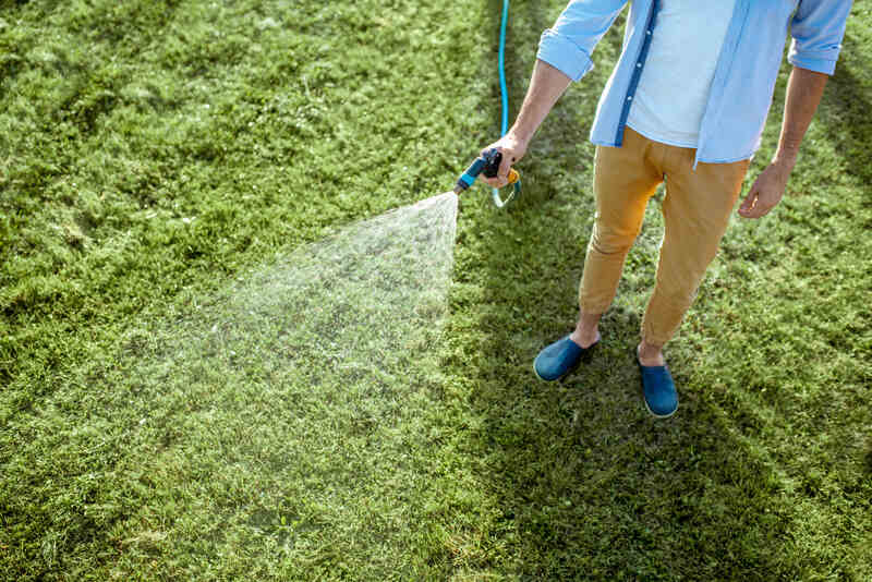 Spraying water on grass with water hose