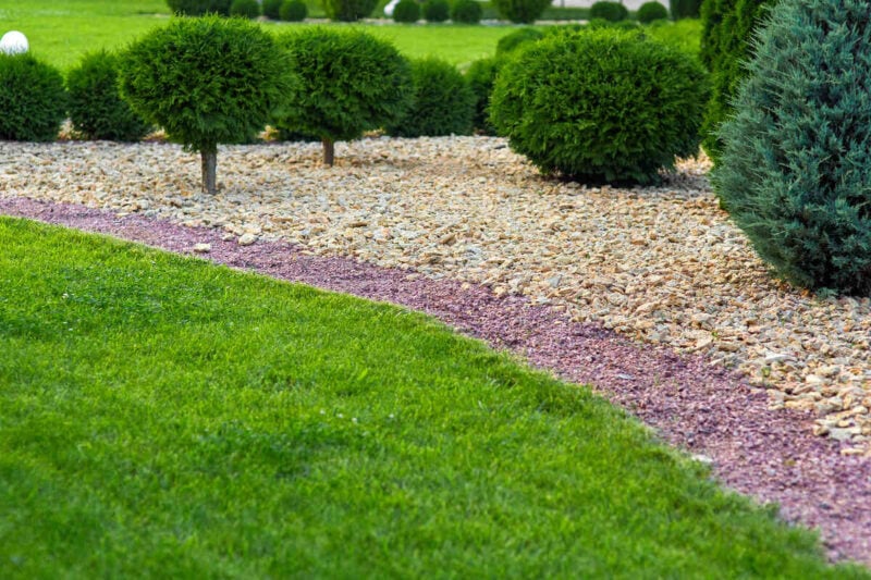 Landscaping of a backyard garden with ornamental growth cypress bushes by yellow and red stone mulch way on a day summer park details, nobody.