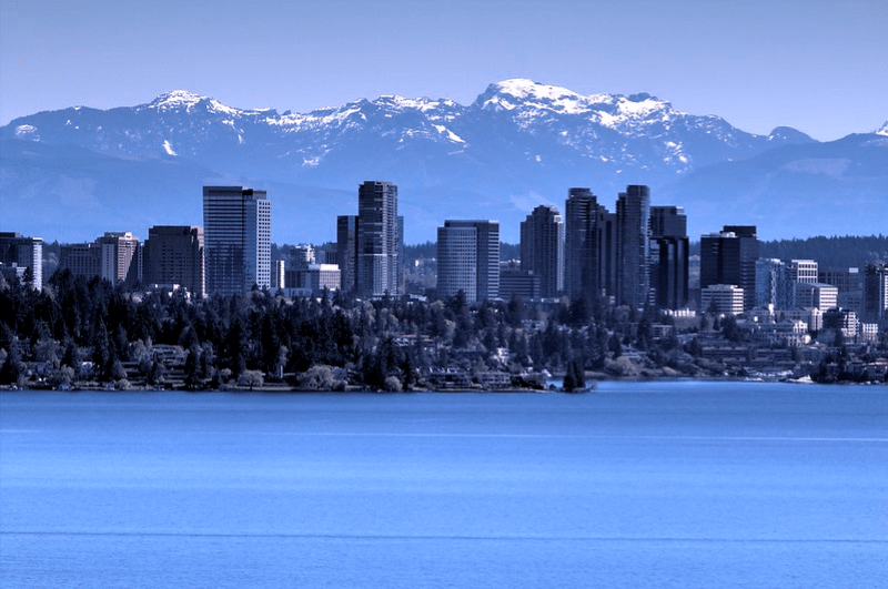 High-rise buildings along the water in Bellevue, Washington