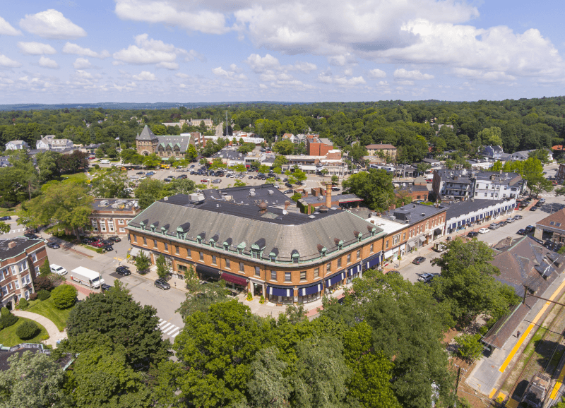 Aerial view of Union Street Historic District in Newton, Massachusetts