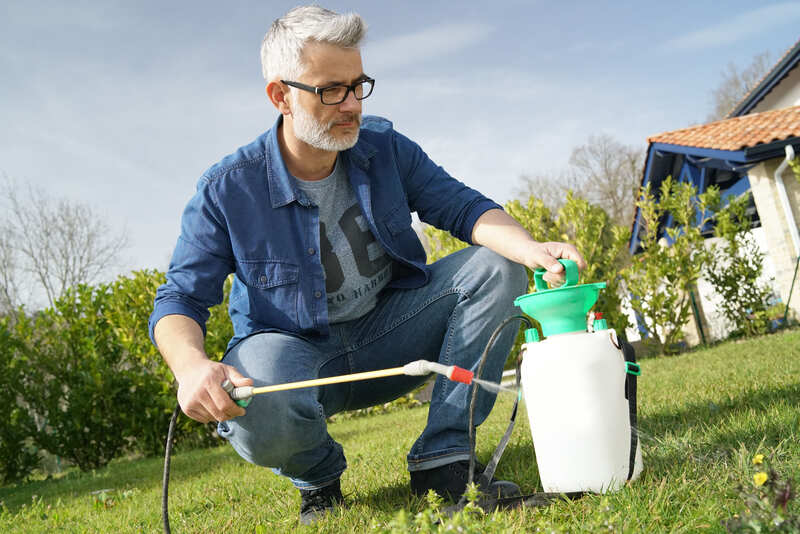 Man using garden sprayer on lawn in backyard