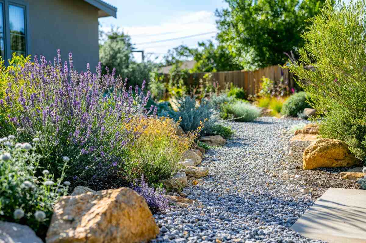 front yard garden with a xeriscape design, featuring drought-tolerant plants, gravel pathways, and a water-efficient landscape.